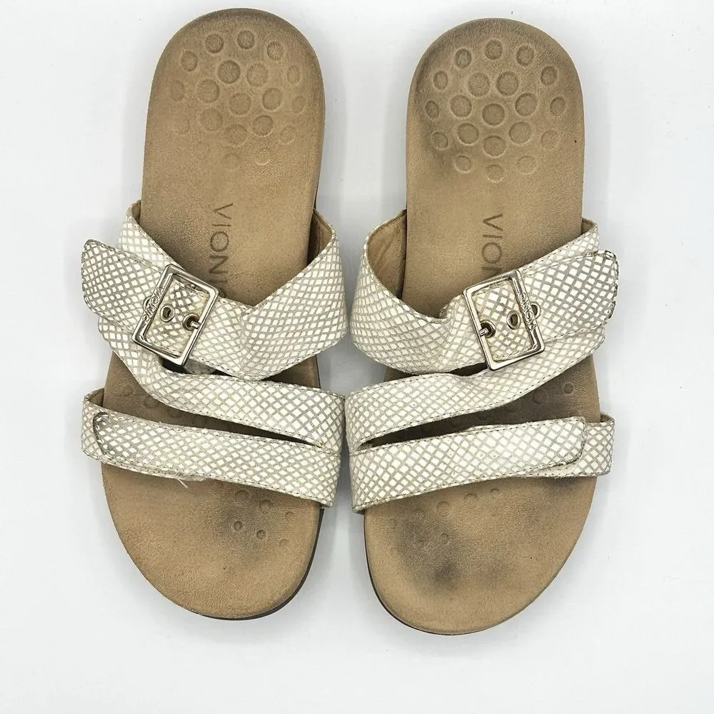 Vionic Skylar Snakeskin Cream Adjustable Orthotic Slide Sandals Womens Size 8